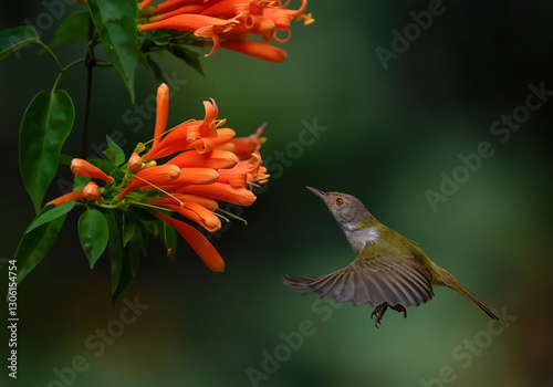 Obraz na płótnie Common Tailorbird hovering and looking for nectar. Close up, selective focus. w salonie