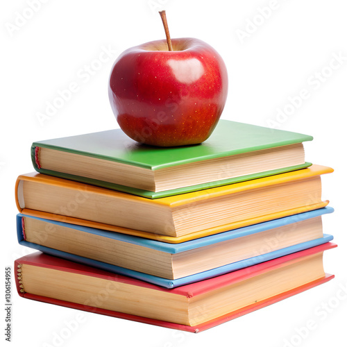 red apple on stack of books on white background 