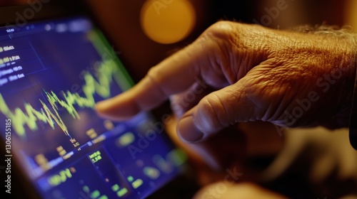 Closeup of Elderly Hand Interacting with Stock Market Data on Tablet Screen