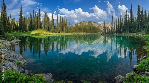 Fototapeta Naklejka Na Ścianę i Meble -  Serene mountain lake reflecting sky, trees, and mountains.