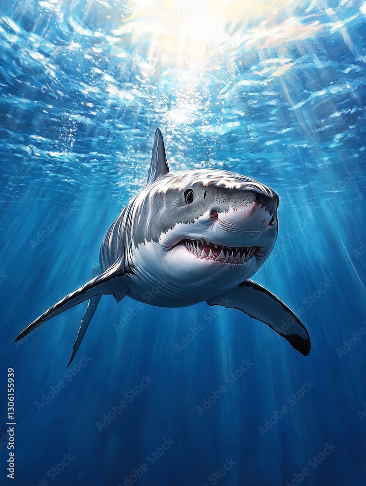 Obraz premium A great white shark swimming in the ocean with its mouth open