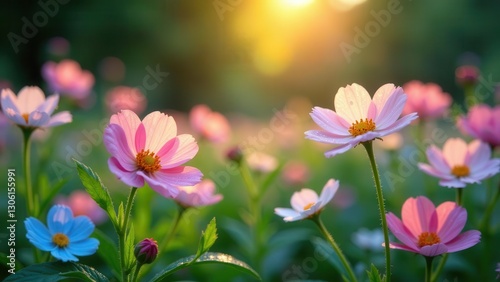 Serene Sunset Meadow with Delicate Pink and Blue Blossoms Illuminated by Golden Hour Light