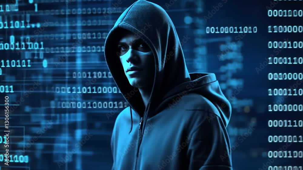 Anonymous hacker coding in cyberspace with binary code background, digital security