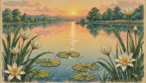 Watercolor landscape with lilies on calm lake at sunset