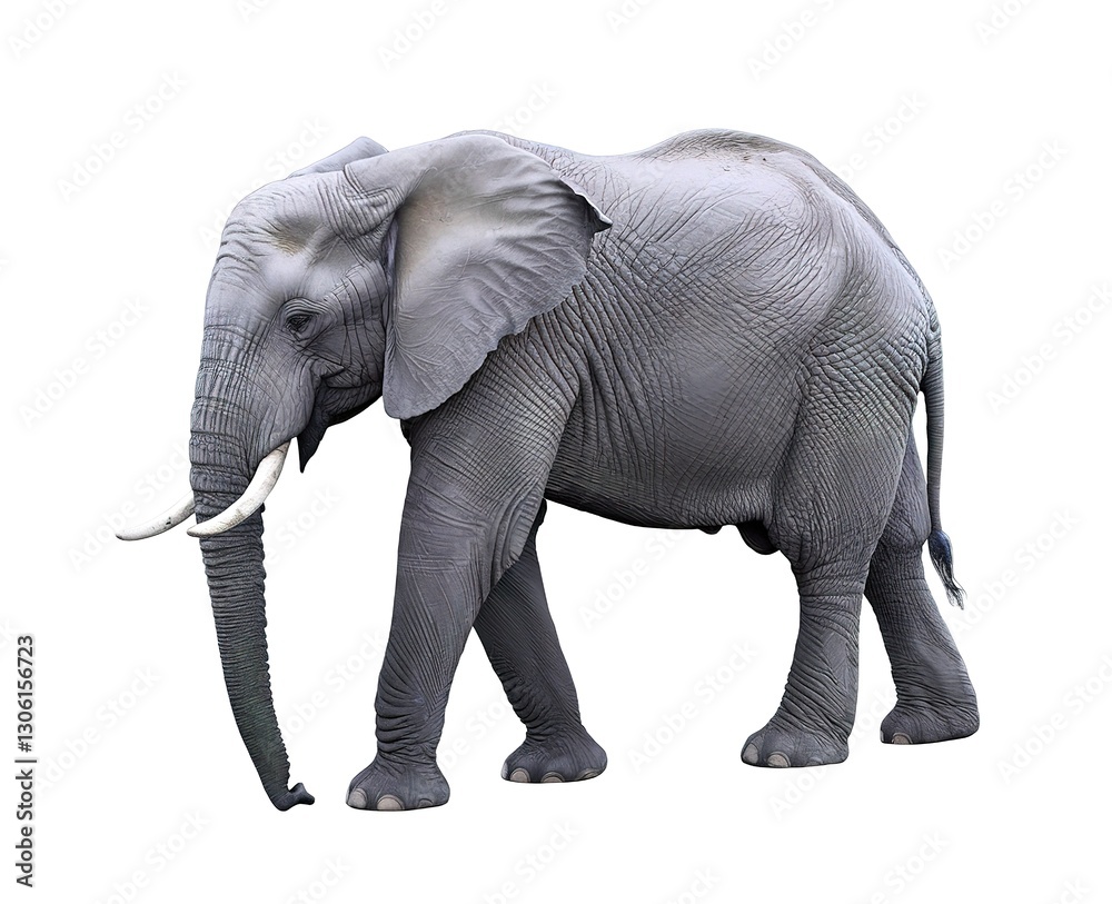 Fototapeta premium A big African elephant walking over white background