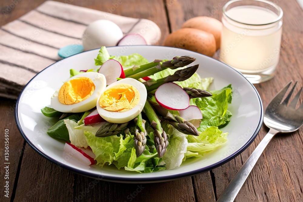 Fresh salad with lettuce, asparagus, radish and boiled eggs Fresh salad with lettuce, asparagus, radish and boiled eggs