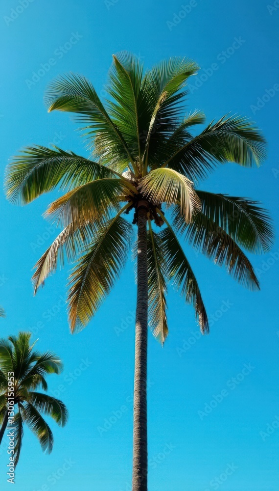 Obraz premium Tall coconut palm tree against vibrant blue sky, paradise, tree