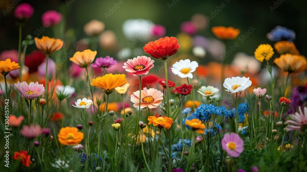 A field of flowers with many different colors and species growing together Symbolizing harmony in diversity. A field of flowers with many different colors and species growing together Symbolizing harmony in diversity.