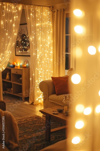 A family drapes sheer curtains with twinkling lights around the living room. The space looks cozy and festive for the holy month.