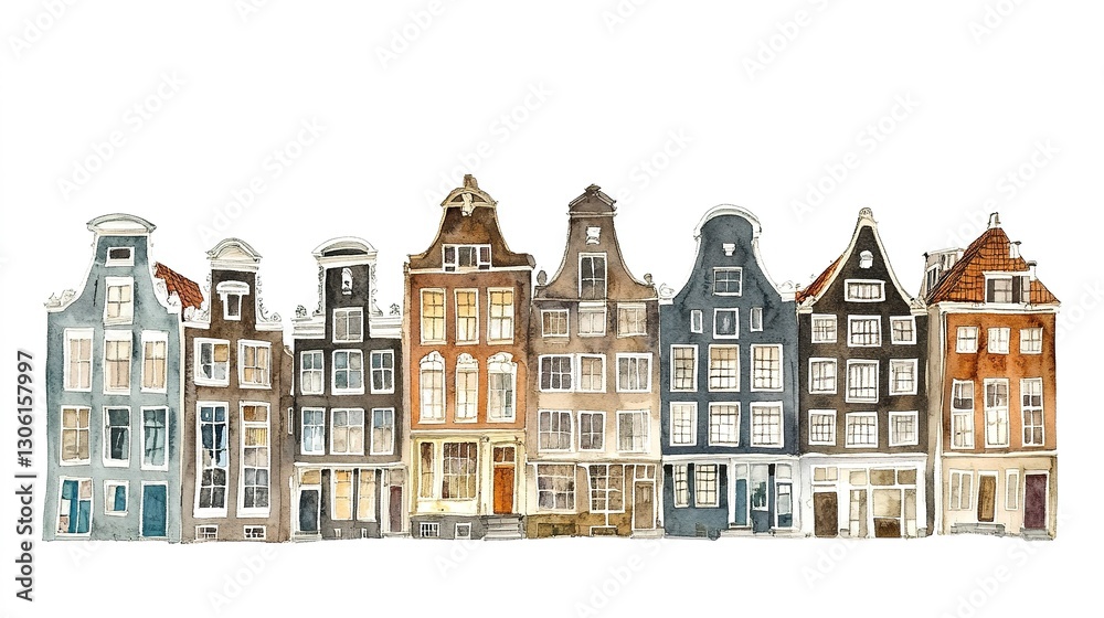 Fototapeta premium Houses in Amsterdam, watercolor on white