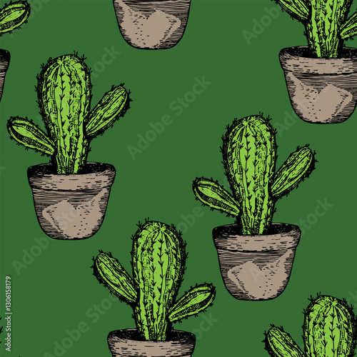 Seamless pattern with cacti, blooming succulent on color background. Vector hand drawn illustration for packaging, fabric, textile. Wild west cactus, western concept.