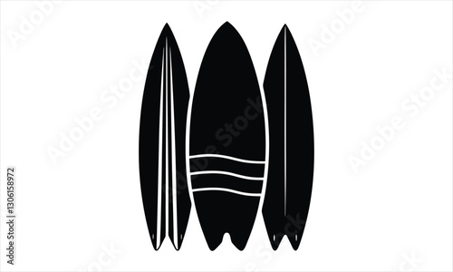 Three surfboards lined up, different designs.