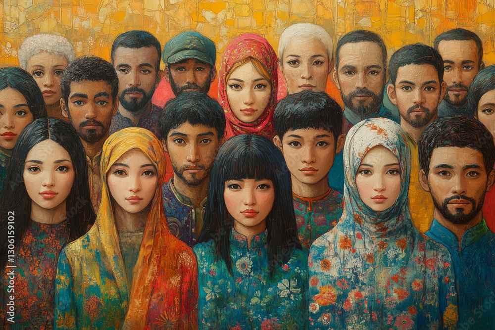 Diverse group of people in vibrant attire showcasing global cultural unity, backgrounds, ages, symbolizing the richness and diversity of the global population, World Population Day Concept Diverse group of people in vibrant attire showcasing global cultural unity, backgrounds, ages, symbolizing the richness and diversity of the global population, World Population Day Concept