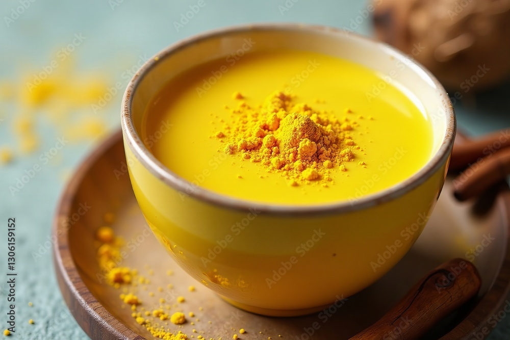 Close-up of golden milk with turmeric powder and coconut milk, nourishing, concept, turmeric Close-up of golden milk with turmeric powder and coconut milk, nourishing, concept, turmeric