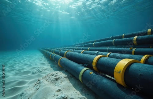 Underwater fiber optic cables transmit data, ensure oceanic high-speed internet. Submarine cables with yellow rings transfer datum globally. Secure offshore system for worldwide exchange of optical