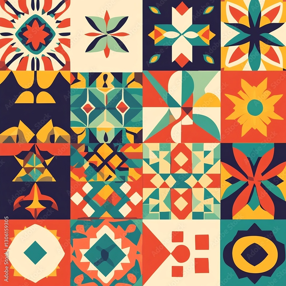 Vibrant Geometric Mosaic Pattern Collage with Retro Decorative Shapes and Colors Vibrant Geometric Mosaic Pattern Collage with Retro Decorative Shapes and Colors