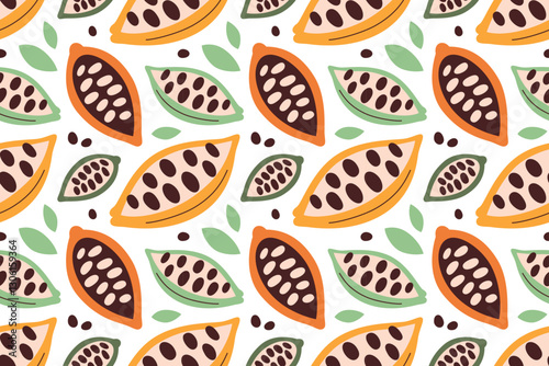 Seamless pattern with cocoa beans and leaves. Colorful tropical design for chocolate packaging, confectionery, eco food, or fabric print. Vector illustration in flat doodle style, cacao fruit tiles