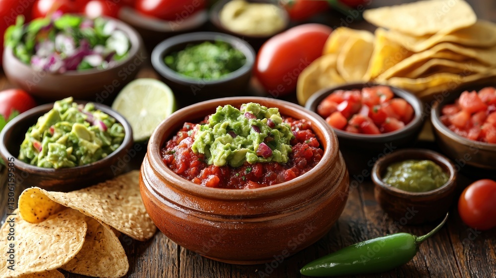 Delicious fresh dips with guacamole and various tomato salsas are shown Delicious fresh dips with guacamole and various tomato salsas are shown