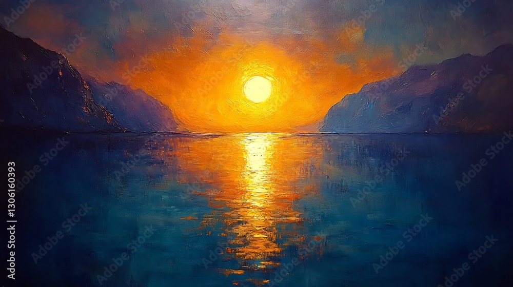 Naklejka premium Serene Sunset Landscape Painting Warm Hues Vibrant Colors. AI Generated