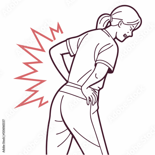 Experiencing back pain, woman in casual clothing shows discomfort while holding her lower back. illustration captures struggle of managing pain with expressive lines