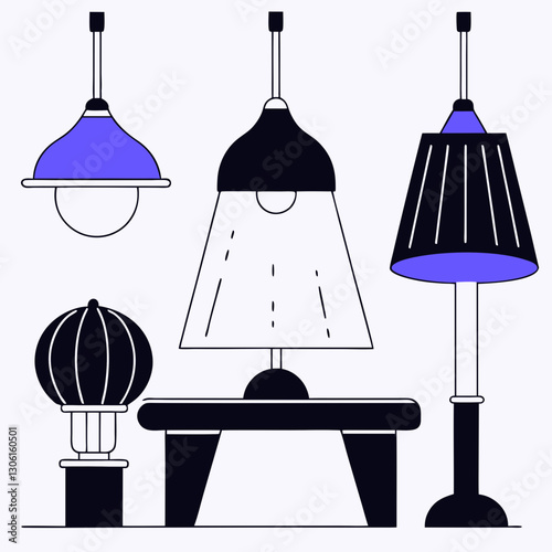 Stylish collection of modern lamps in various designs and colors, featuring pendant lights, table lamps, and floor lamps, perfect for home decor