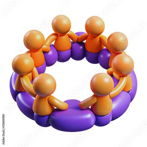 3D Render of Orange and Purple Figures in a Circle Teamwork Collaboration Design