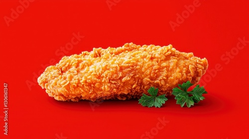 Crispy Fried Chicken Delight on Vibrant Red Backdrop A Mouthwatering Still Life Explore the tantalizing texture and golden brown perfection of this freshly cooked chicken piece, showcasing its