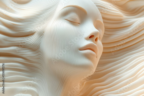 Serene, sculpted female face resting on flowing, layered fabric; a study in texture and form.