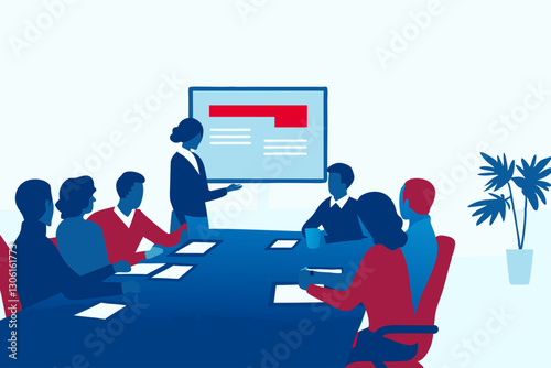 group of professionals in meeting room, discussing presentation. atmosphere is collaborative and focused, with screen displaying information