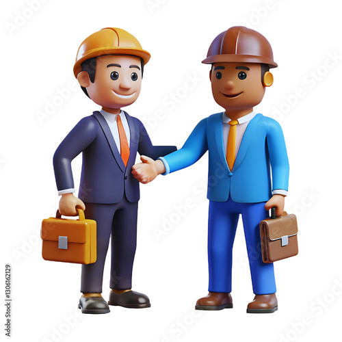3D Render of Two Businessmen Shaking Hands in Hard Hats