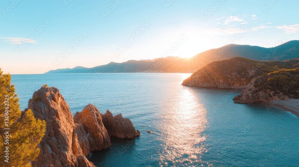 Naklejka premium Coastal Sunrise, Rocky Cliffs, Calm Sea