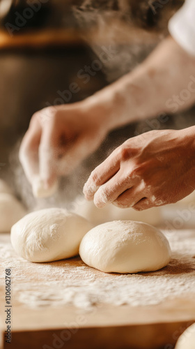 Hands kneading fresh dough on floured surface, creating artisan bread with precision and skill