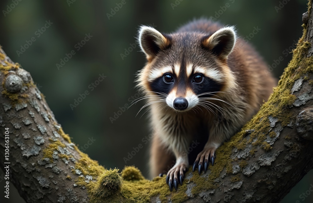 Raccoon sits on mossy tree branch in forest. Cute mammal looks at camera. Wild animal with fluffy fur, black mask around eyes in natural habitat. Wildlife conservation. Raccoon sits on mossy tree branch in forest. Cute mammal looks at camera. Wild animal with fluffy fur, black mask around eyes in natural habitat. Wildlife conservation.