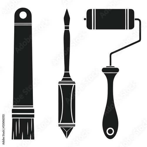 Painting Tools Silhouette Set Brushes, Rollers, and Palette Icons