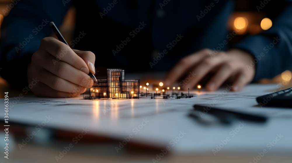 Fototapeta premium A person standing in an architectural workspace surrounded by sketches blueprints and design concepts discussing business strategies and new ideas with colleagues under a soft