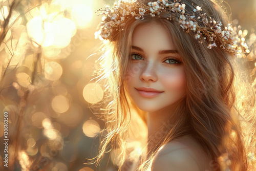 A young woman with a flower crown smiles gently in the golden sunlight, creating a serene and ethereal image.