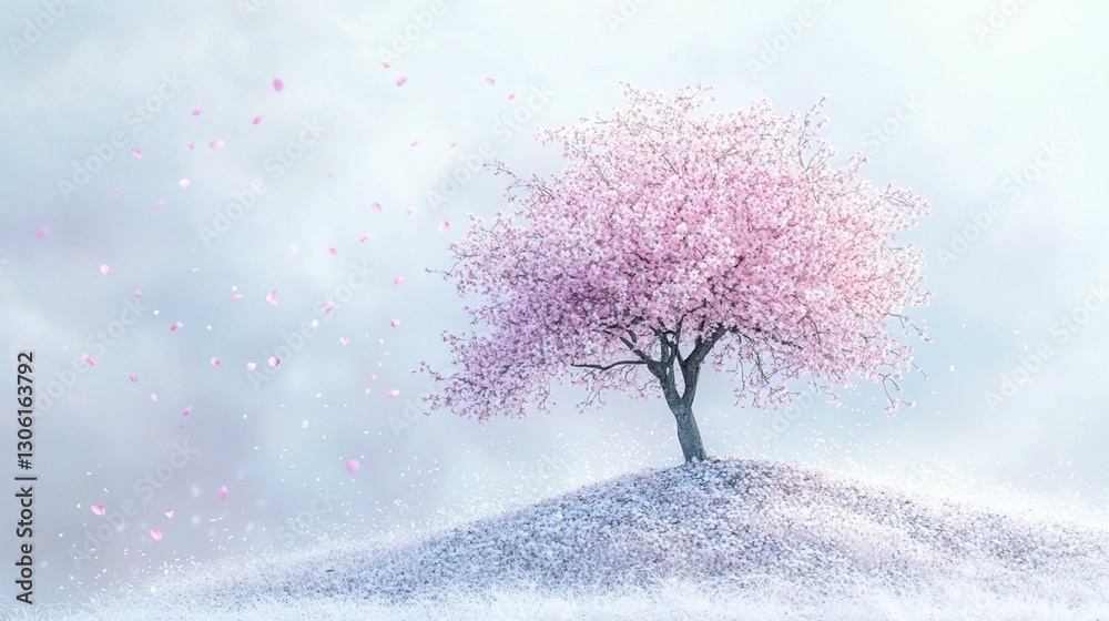 Single pink blossom tree on a hill, petals falling in the wind. Single pink blossom tree on a hill, petals falling in the wind.