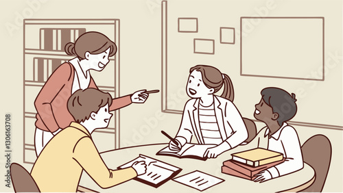 Collaborative study session with students and teacher discussing lessons