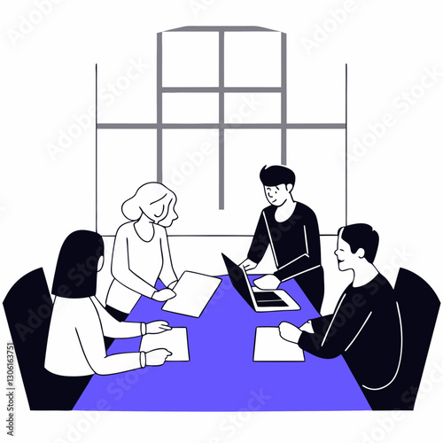 Collaborative meeting with diverse professionals discussing ideas at table. They are engaged with laptops and documents, fostering teamwork and creativity