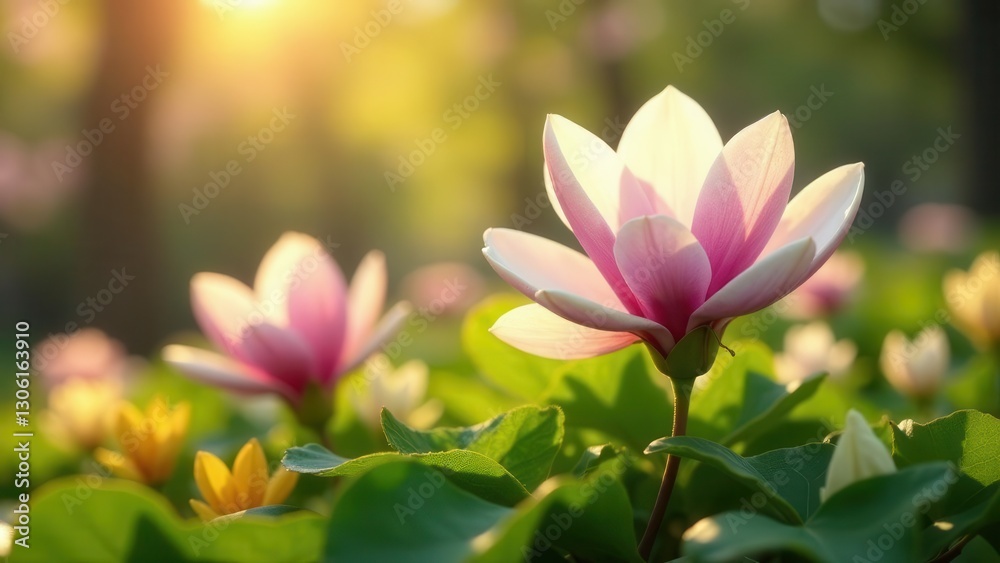 Fototapeta premium Golden hour illumination enhances the delicate beauty of blooming magnolia flowers in a lush garden setting