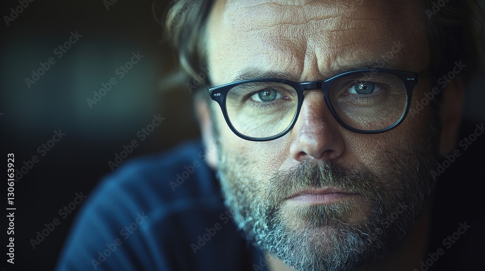 A serious looking man with glasses staring directly at the viewer A serious looking man with glasses staring directly at the viewer