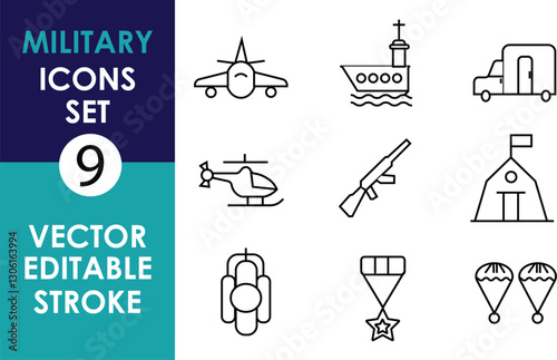 Military icon set, 9 vector icons: airplane, warship, military truck, helicopter, rifle, tent, motorcycle, medal, parachutes, black outline, minimal design, editable stroke, simple style