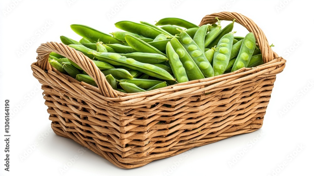 Capture the essence of freshness with this stock photo showcasing a rustic wicker basket overflowing with vibrant, organic sugar snap peas, perfect for culinary creations and healthy lifestyle Capture the essence of freshness with this stock photo showcasing a rustic wicker basket overflowing with vibrant, organic sugar snap peas, perfect for culinary creations and healthy lifestyle