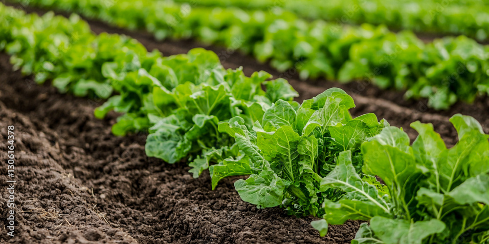 Rows of vibrant green lettuce plants growing in rich, dark soil, showcasing healthy agriculture in a cultivated field.