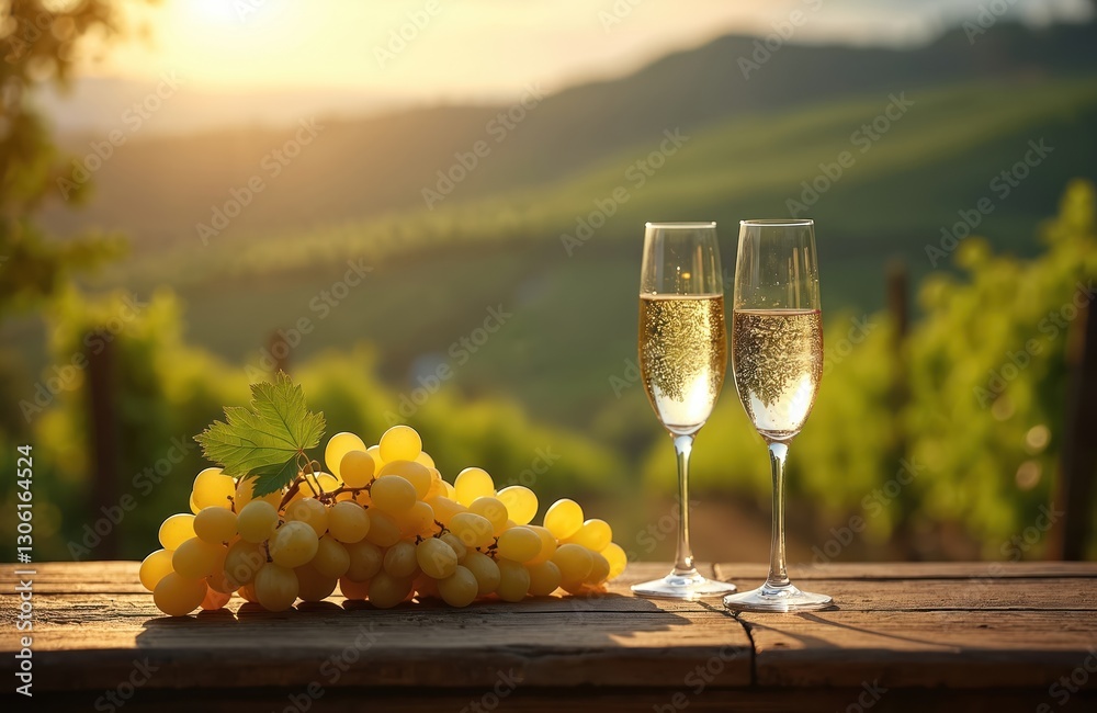 Fototapeta premium Two glasses with prosecco, bunch of grapes on wooden table against hillside vineyards background. Winery, winemaking scenery with white wine. Italian agriculture with countryside scenic landscape at