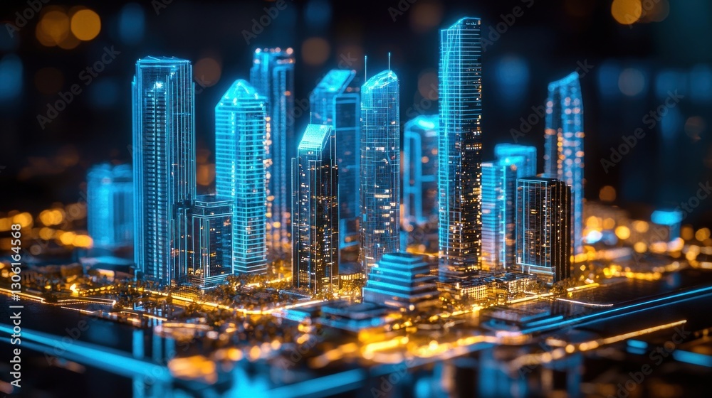 Obraz premium Illuminated blue and yellow futuristic city buildings and architecture