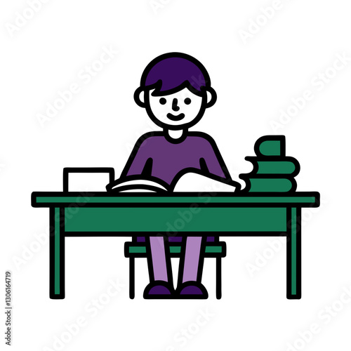 young student studying at desk with books and notebook, focused on learning