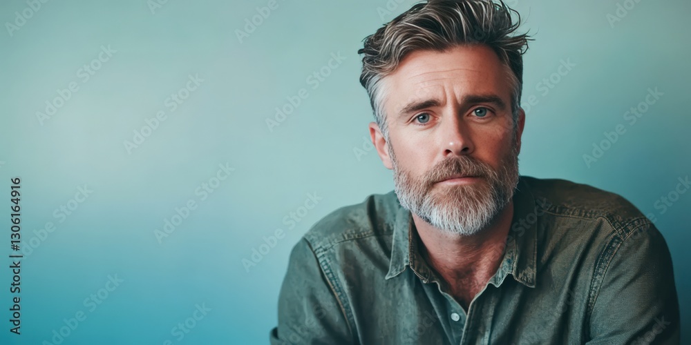 Obraz premium Confident Middle-Aged Man with Beard Against a Soft Blue Background