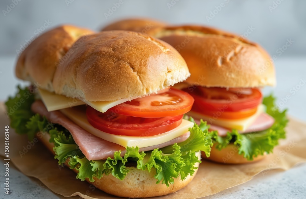 Side view of fresh sandwiches with ham, cheese, tomatoes, green lettuce. Two tasty bahn-mi styled baguettes are perfect for healthy lunch. Submarine snack, deli breakfast for fast food lovers. Side view of fresh sandwiches with ham, cheese, tomatoes, green lettuce. Two tasty bahn-mi styled baguettes are perfect for healthy lunch. Submarine snack, deli breakfast for fast food lovers.