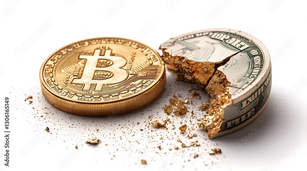Conceptual digital of a cracked golden coin with one half displaying the dollar symbol and the other half the yuan symbol isolated on a plain white background Conceptual digital of a cracked golden coin with one half displaying the dollar symbol and the other half the yuan symbol isolated on a plain white background